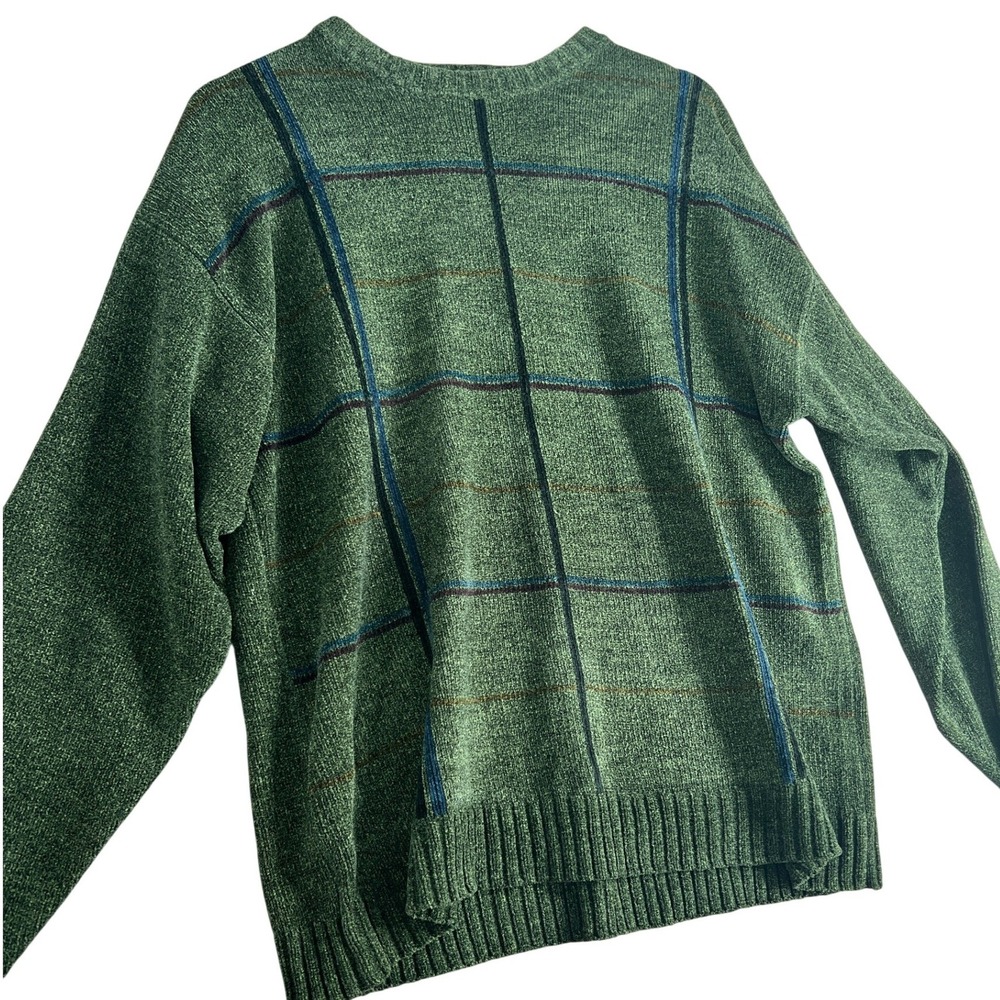 Vintage Eclectic Grandpa Green Windowpane Plaid Cozy Crewneck Sweater 90s Size M - Picture 2 of 9